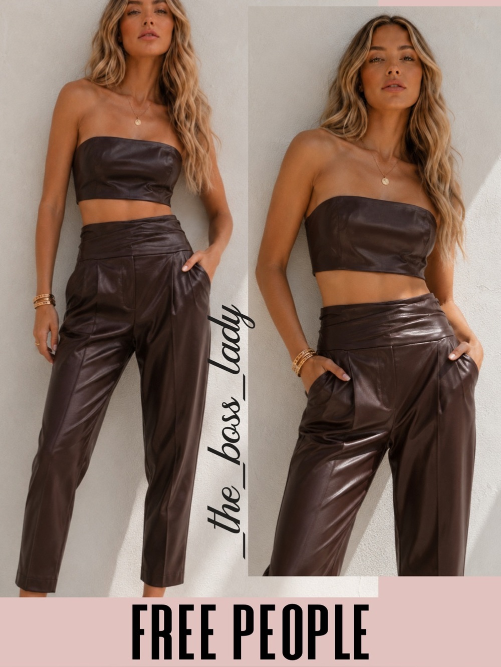 Free People pants set high rise strapless top and pants pleated vegan leather